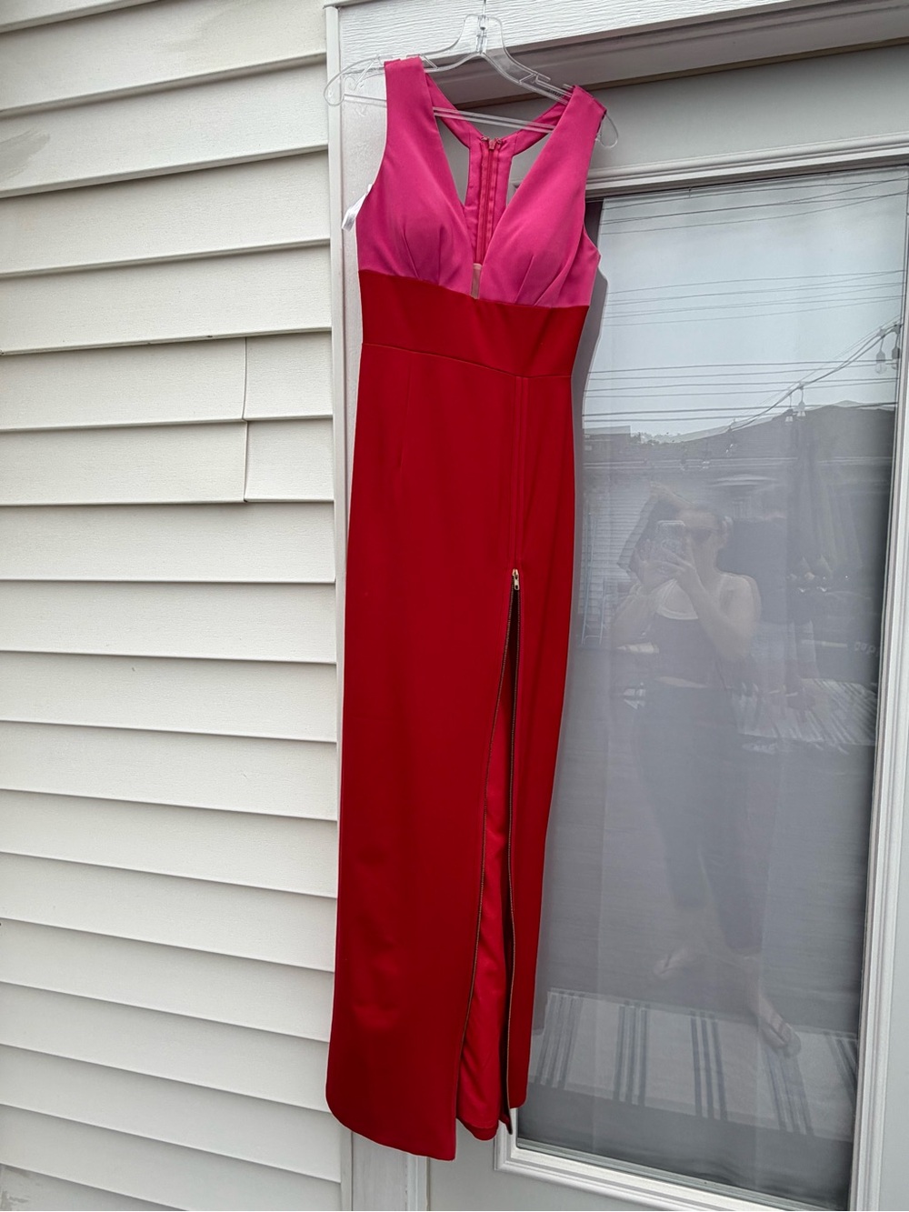 Mac Duggal Pink and Red Sleeveless Midi Dress with Front Zip Slit